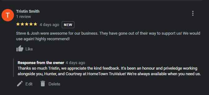 Capture Positive review left on Google from Hometown TruValue in Adairsville GA