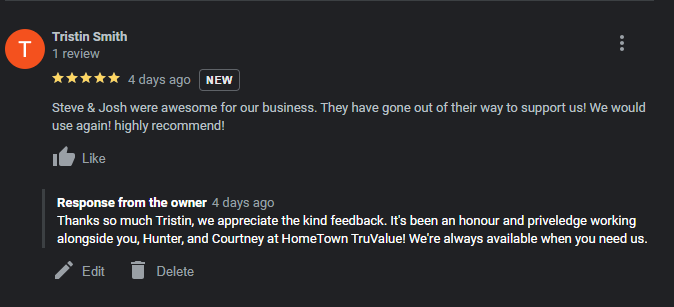Positive review left on Google from Hometown TruValue in Adairsville GA